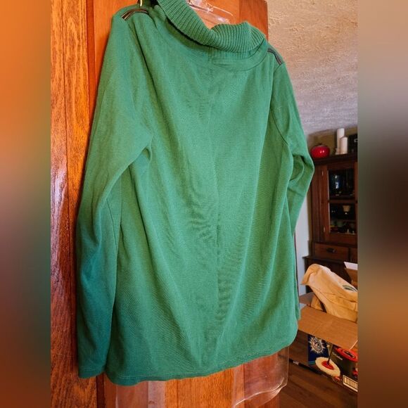 Rafaella Green Cowl Neck Sweater Large | Cozy Pullover w/ Faux Leather Zip - Picture 2 of 11